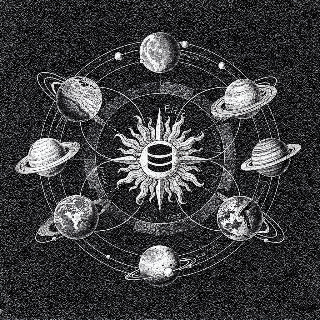 Engraved orrery with ERP at the centre and platforms in orbit