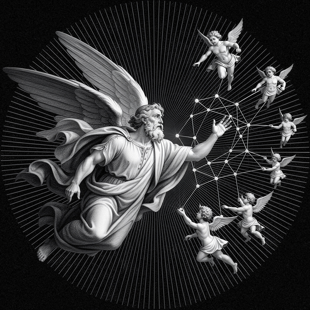 Engraving of a winged figure reaching toward a constellation network